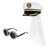 TONXX Braut-Sonnenbrille und marineblauer Hut mit Schleier für Damen, Brautparty-Hut, Kapitänsmütze, Bühnen-Requisiten, Junggesellenabschied, Matrosenhut