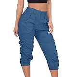 CGGMVCG Caprihose für Damen, Cargohose, mit Tasche, hohe Taille, Jogginghose, einfarbig, Sommer-Damenhose, Dunkelblau, X-Groß