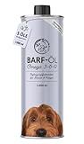 Barf Öl für Hunde 1000ml Barföl mit Omega 3-6-9 aus: Lachsöl, Rapsöl, Hanföl & Borretschöl - Futteröl für Hund als Futter Topping (Barf Zusatz)