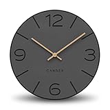 Cander Berlin MNU 2630 Y Wanduhr lautlos ohne Ticken 30 cm analog Wohnzimmer modern Vintage grau schwarz Holzzeiger