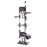Wiltec Kratzbaum 240-260 cm dunkelgrau, Katzenkratzbaum deckenhoch mit Sisal, Kletterbaum für Katzen, Deckenspanner Katzenbaum mit Hängematten