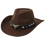 Boarle Vintage Western Cowboy Hut mit Leder Bull Head Band Wolle Filz Breite Krempe Stilvolle Cowboy Hut für Männer und Frauen Elegante Atmungsaktive Sonnenschutz Durable Cowboy Zubehör Retro Design