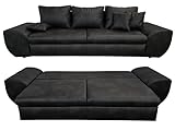 Vintage Big Sofa mit Schlaffunktion und Bettkasten, XXL Trend Couch 275 cm breit, Wellenunterfederung, Liegefläche 148x194 cm, Mikrofaserstoff in Leder-Optik in Schwarz / 18010