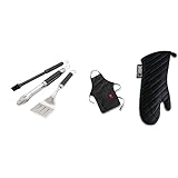 Weber 6764 Premium Grillbesteck 3-teilig, bestehend aus Grillzange, Grillwender und Silikonpinsel, Länge ca. 46cm, Edelstahl und Silikon & 6474 Grillschürze, schwarz mit rotem Kettle Grill