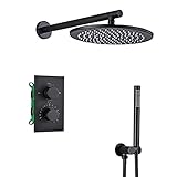 Handheld -Duschthermostat -Regenduschsystem mit runden Regendusche und Handdusche, versteckte Badezimmer -Duschkombination in schwarzem Messing, 16 Zoll LWX