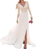 JAEDEN Boho Brautkleid Hochzeitskleid Damen Lang Spitzen Brautkleider Langarm Standesamtkleid Weiß 42