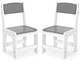 MAMIZO Kinderstuhl Holz 2er Set,ab 1 Jahr, Sitzhöhe 27 cm,Kinderstühle bis 80kg,55x30x28cm für Kinderzimmer,Sitzgruppe Kindertisch,mit Rückenlehne & Fußstütze,in Weiß und Grau