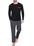 Winovia Schlafanzug Herren Lang Pyjama 100% Baumwolle Langarm Nachtwäsche Sleepwear Nightwear Set mit Rundhals Design und Karierter Hose Dunkel-Graubraun（Fein kariert） XL
