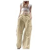 Cargohose Damen Kurz 3/4 Fashion Aesthetic Hip Hop Freizeithose Damen Lang Weites Bein 90Er E-Girl Aktivhose Pluderhose Teenager Mädchen Frauen Sporthose Lang mit Taschen