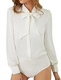 Kate Kasin Damen Elegante V-Ausschnitt Bodys Weiße Bowtie Bluse Business Oberteil Weiß 2XL