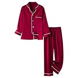 Schlafanzug Satin Mädchen Lang Pyjama Weiche Atmungsaktive Schlafanzüge Zweiteiliger Loungewear Set Nachtwäsche Set Langarm Seide Hauskleidung Button (Red, 5-6 Years)