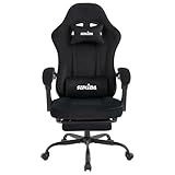 SUKIDA Gaming Stuhl Stoff, Ergonomischer Gaming Chair mit Fußstütze, Verstellbarer Racing Computerstuhl mit Lordosenstütze, Schwarz Ergonomisch PC-Stuhl