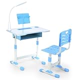 Schreibtisch Kinder Höhenverstellbar, Kinderschreibtisch für Mädchen, Jugendschreibtisch Schülerschreibtisch mit Bücherständer Schublade & LED-Licht, Ergonomischem Schreibtischstuhl Stuhl(Blau).