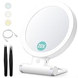 Schminkspiegel mit Beleuchtung, 20X/1X Doppelseitige Tischspiegel,3 Farblichter, Dimmbarer Faltbar Schminkspiegel,Reisen Kosmetik Spiegel mit Beleuchtung,Wird mit Zwei Pinzetten Geliefert