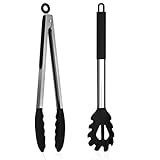 Homikit Edelstahl Spaghettilöffel und Küchenzange, Antihaft-Silikon Spaghetti Server Set, Hitzebeständig Nudellöffel & Kochzange, Pasta Gabel Grillzange Set zum Backen, Kochen und Servieren, Schwarz