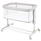 Ezebaby Beistellbett, 2 in1 Baby Bett ab Geburt bis 9 kg, Zustellbett 7 Höhenverstellung, mit Matratze/Faltbare Seitenwand/Räder, Netzgewebe Kinderbett (Hellgrau)