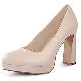 Ankis Plateau Heels Damen Pumps Schwarz Weiß Nude Geschlossene Zehen Chunky Heel Schuhe, Nude Pu, 37.5 EU