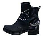 Damen Stiefeletten Biker Boots - Stiefel mit Nieten Blockabsatz - bequeme Herbst Winter Frauen Schuhe Schnallen ST07 Schwarz 41