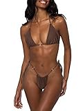 LUNNTE Damen Bikini Set Sexy Tanga String Bikini Badeanzüg Zweiteiliger Triangel mit Ring Badebekleidun Verstellbare Bademode Unterteil Seitlicher Schnürung (Braun, S)