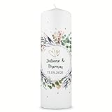 GRAVURZEILE Bedruckte Kerze - Flower Wedding Design - Personalisiert mit Namen, Datum & Wunschtext - Geschenk zur Hochzeit an das Brautpaar - Traukerze Stumpenkerze 8 cm x 25 cm (Ø/H) Weiß