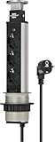 Brennenstuhl Tower Power Tischsteckdosenleiste 3-Fach (versenkbare Steckdosenleiste, Mehrfachsteckdose mit 2m Kabel, komplett in Tischplatte versenkbar) alu/schwarz