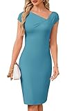 Gabefin Damen Wickelkleid Flügelärmel Asymmetrischer Ausschnitt Etuikleid Bodycon Kleid Casual Arbeit Cocktail Party Bleistiftkleider, Seeblau, Groß