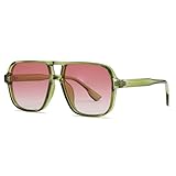 Long Keeper Retro Pilot Sonnenbrille Pilotenbrille Herren Damen Quadratisch Sonnenbrille Groß 70er Klassisch Eckige Pilot Retro Brille UV400 (Grün Rahmen - Farbverlauf Rosa Linse)