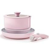 Florosa Keramik Töpfe & Pfannen 5-teilig, 20/26cm Ungiftiges Kochgeschirr Set, Antihaft beschichtete Pfanne mit Deckel & abnehmbaren Griffen, Induktion und backofengeeignet, PTFE and PFOA Frei, Rosa