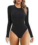 SHAPERX Body Damen Bodysuit Hoher Elastizität Langarm Top Rundhals T-Shirt Tanga, UK-SZ5242-Black-M