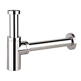 Messing Design Siphon, Keymark Universal Siphon für Waschbecken & Waschtisch, mit 200 Tauchrohr Flaschensiphon 1 1/4 x 32mm, Bad Abflussgarnitur passgenau Rund Geruchverschluss, Verchromt