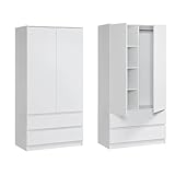 Moderner Kleiderschrank Weiß mit Schubladen | 2-türiger Kleiderschrank Garderobenschrank mit Regalböden, Kleiderstange und 2 Schubladen für Schlafzimmer, Kinderzimmer, Flur | 90x51x182 cm (LxBxH)