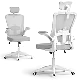 BLINNGO Bürostuhl, ergonomischer Bürostuhl mit Verstellbarer Lendenwirbelstütze und Kopfstütze, Schreibtischstuhl mit hoher Rückenlehne, atmungsaktiver Netzstuhl für Arbeit und Studium (Grau)