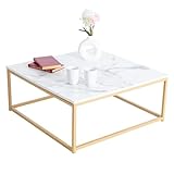 MEUBLE COSY Couchtisch mit Marmor Optik Wohnzimmertisch Eckig Sofatisch mit Stahlgestell Beistelltisch, Weiß + Goldfarben, 80x80x34cm
