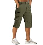 MAGCOMSEN Herren Short Outdoor Caprihose mit 7 Taschen Sommer Schnelltrocknend Wanderhose Herren 3/4 Jogginghose Gummibund Bermuda Shorts Atmungsaktiv Kurze Fahrradhose Armeegrün 36
