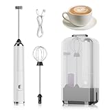 Vartegas Milchaufschäumer Elektrisch Stab USB-C Wiederaufladbar, Elektrischer Schneebesen mit 3 Geschwindigkeiten Edelstahl für Kaffee Cappuccino Latte (Silberweiß) (A)