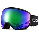 Odoland Skibrille Erwachsene Ski Goggles für Damen und Herren Jungen,Sphärisch Snowboardbrille UV-Schutz Kompatibler Helm Anti Fog für Skifahre Verspiegelt Schwarz + Grün