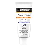 Neutrogena Clear Face Liquid Lotion Sonnenschutz für zu Akne neigende Haut, breites Spektrum LSF 50, UVA/UVB-Schutz, parfüm- und sauerstofffreies Gesicht, nicht komedogen, geruchlos, 90 ml