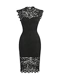 SweatyRocks Damen Midikleid Elegante Spitzenkleider Figurbetont Bleistiftkleid Stehkragen Partykleid Durchsichtiges Kleid mit Schlitz Schwarz M
