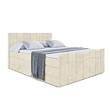 ALTDECOR Boxspringbett mit H3 Matratze-Bonellfederung, H4 Multipocket-Matratze (20 cm hoch) PUR, Topper (5 cm hoch), Polsterbett mit Kopfteil und Bettkasten - MOETI-Z King - 200x200 - Beige Monolith