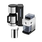 WMF Set 3-teilig Stelio Edition Kaffeemühle elektrisch, Scheibenmahlwerk aus Stahl und Kult Tee-/Kaffeedose Edelstahl für 500g mit Maßlöffel und Stelio Aroma Filterkaffeemaschine mit Thermoskanne