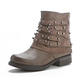 Pogolino Damen Stiefeletten Nieten Biker Boots mit Reißverschluß flach bequem Stiefel ST016 Braun 41