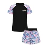 iiniim Kinder Mädchen Badeset UV-Schutz Badeanzug Kurzarm Badeshirt Tops + Badeshorts Zweiteiler Bikini Bademode Schwimmanzug Ax Schwarz 146-152