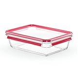 EMSA Clip & Close Glas Frischhaltedose, rechteckig, 2 L, 100 Prozent dicht, rutschfestes Stapeln, Glasbehälter spülmaschinen-, gefrier-, backofen-, mikrowellenfest, Rot, Transparent, N10411