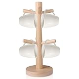 Gebiuhoo Tassenhalter Hölzerner Brezelständer Becherhalter mit 6 Haken Kaffeebecherhalter Holz Baumbecherhalter Tasse Rack Regal Cup Mug Standing für Küche Home Organisieren Display Brezelständer