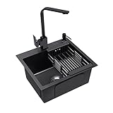 Spüle Spülbecken Edelstahl mit Armatur Schwarz 40 x 45 cm, Einbauspüle Küchenspüle Granitspüle für 45 cm Unterschrank, inkl. Küchenarmatur 360° drehbar, Seifenspender, Über- u. Ablaufgarnitur