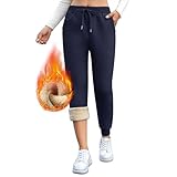 Gefütterte Jogginghose Damen Warm Thermo Winter Fleecehose, Flauschig Baumwolle Verdickte Thermohose Winterhose Freizeithose Kordelzug Sweathose mit Taschen L Leggings Marineblau
