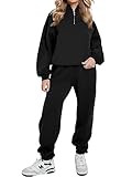 REORIA Damen Weich Baumwolle Hausanzug Dick Freizeitanzug Warm Trainingsanzug Jogginganzug Set halbem Reißverschluss Tracksuits mit Fleece-Futter Schwarz L