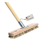 BawiTec Großflächen-Schrubber 40cm Breit mit stabilem Metall-Stielhalter und Geräte-Holzstiel Ø28mm, Länge 140cm,Bodenschrubber,Stiel,Schrubberbürste,Holz,Harte Borsten,UnionMix-Borsten braun
