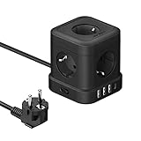 JSVER Steckdosenleiste Würfel USB C, Mehrfachsteckdose Cube 5 Fach mit 4 USB (17W) Steckdosenwürfel Steckerleiste mit Schalter für Büro, zu Hause oder auf Reisen 2m Kabel - Schwarz