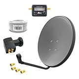 60cm HD Sat Anlage Quad LNB + 15m Koaxialkabel 135dB + Satfinder + 4 F-Stecker Digital 4 Teilnehmer Antenne Grau UHD 4K
